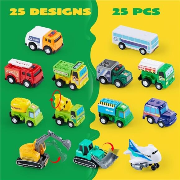 25 Pieces Pull Back Cars and Trucks Toy Vehicles Set for Toddlers - Picture 3 of 7